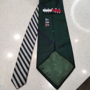 Vtg Tommy‎ Hilfiger Tie Flags Italian Silk Green Navy Silver Stripes Classic
